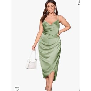 Floerns Plus Size Sage Green Satin Cowl Neck Ruched Midi Slip Dress